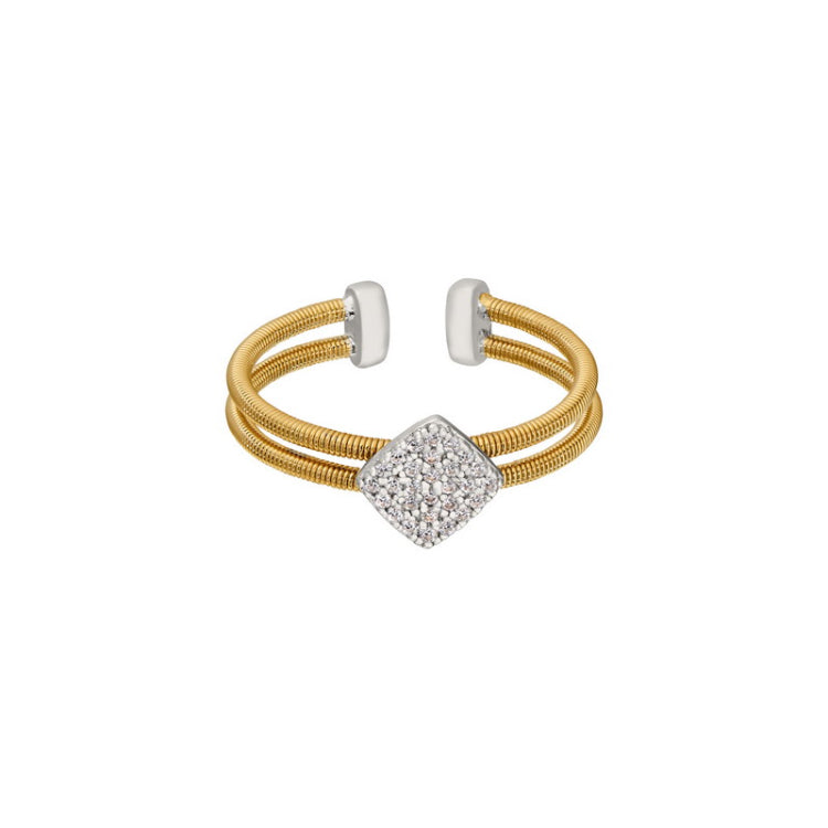 Gold Finish Sterling Silver Two Cable Cuff Ring  Rhodium Finish Simulated Diamond Large Diamond Sha