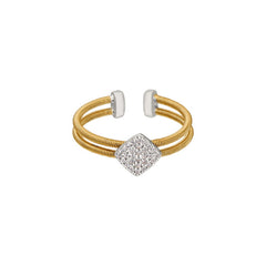 Gold Finish Sterling Silver Two Cable Cuff Ring  Rhodium Finish Simulated Diamond Large Diamond Sha