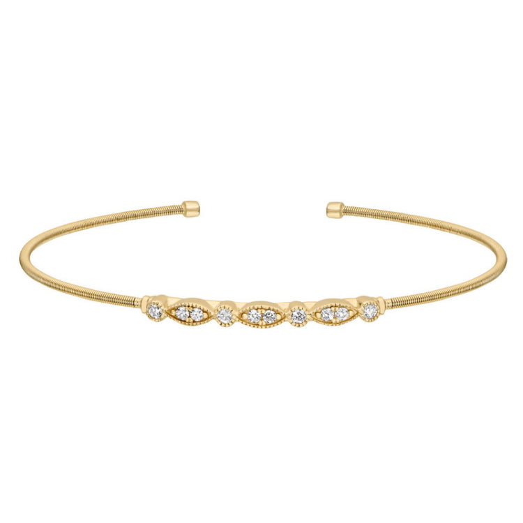 Gold finish sterling silver cable cuff bracelet with simulated diamond marquis & round design