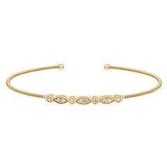 Gold finish sterling silver cable cuff bracelet with simulated diamond marquis & round design