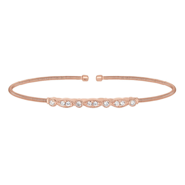 Rose gold finish sterling silver cable cuff bracelet with simulated diamond marquis & round design
