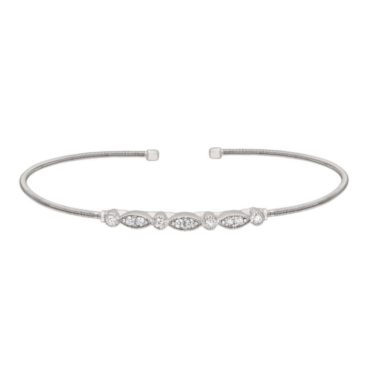 Rhodium finish sterling silver cable cuff bracelet with simulated diamond marquis & round design
