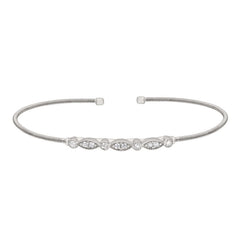 Rhodium finish sterling silver cable cuff bracelet with simulated diamond marquis & round design