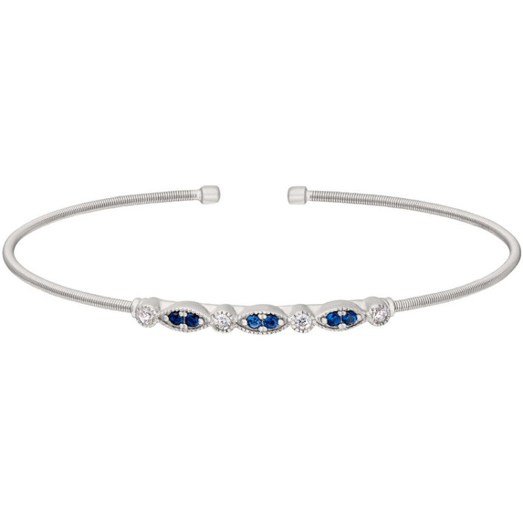 Rhodium finish sterling silver cable cuff bracelet with simulated blue sapphire and simulated diamond marquis & round design