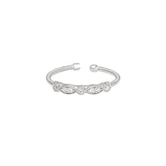 Rhodium Finish Sterling Silver Cable Cuff Ring with Simulated Diamond Marquis & Round Design