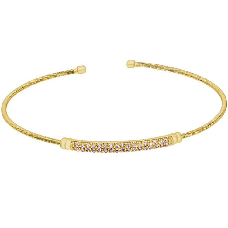 Gold Finish Sterling Silver Cable Cuff Bracelet  Three Rows of Simulated Pink Sapphire Birth Gems -