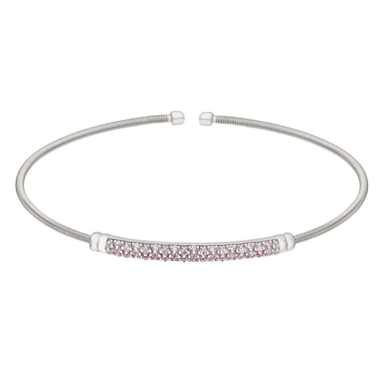 Rhodium Finish Sterling Silver Cable Cuff Bracelet  Three Rows of Simulated Pink Sapphire Birth Gem