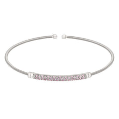 Rhodium Finish Sterling Silver Cable Cuff Bracelet  Three Rows of Simulated Pink Sapphire Birth Gem