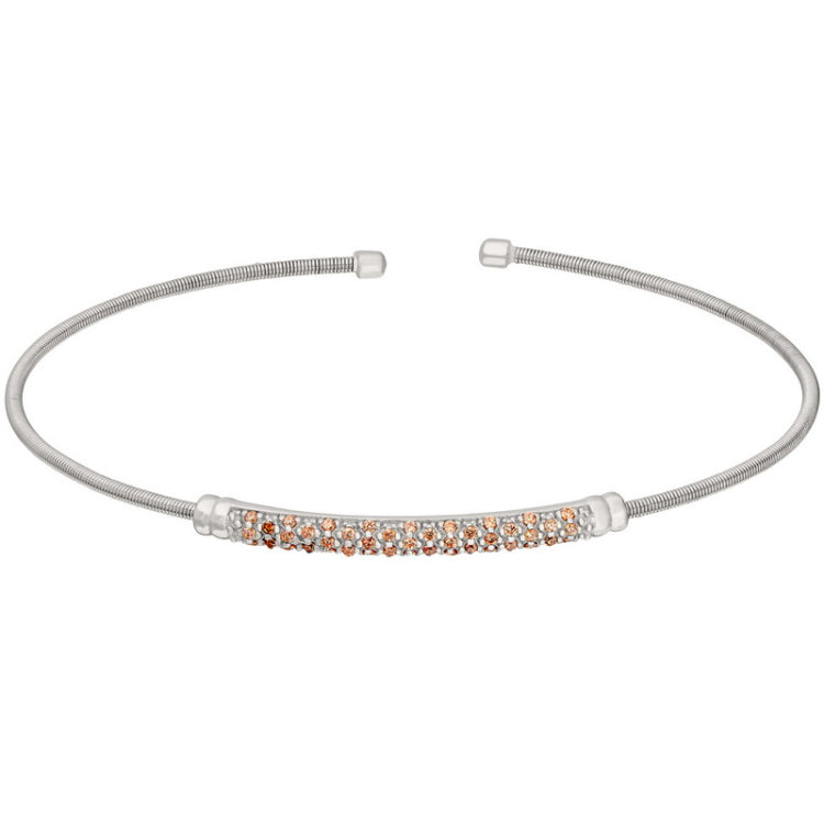 Rhodium Finish Sterling Silver Cable Cuff Bracelet  Three Rows of Simulated Citrine Birth Gems - No