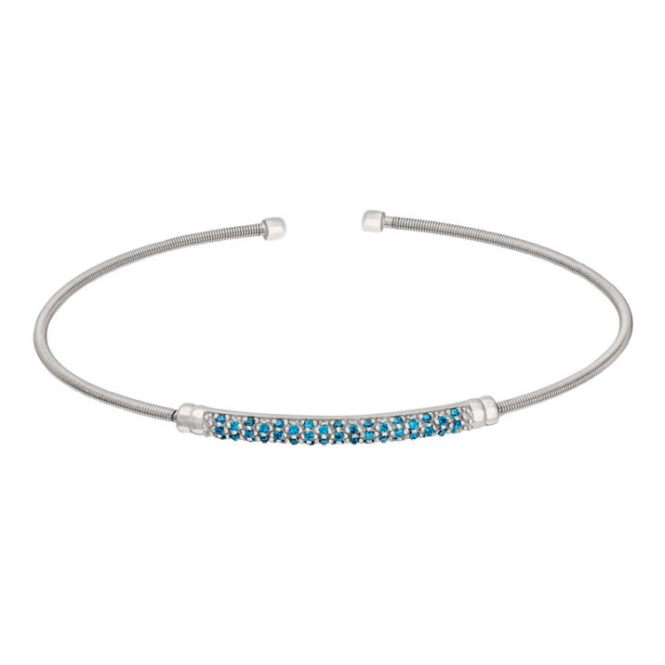 Rhodium Finish Sterling Silver Cable Cuff Bracelet  Three Rows of Simulated Blue Zircon Birth Gems 