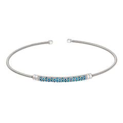Rhodium Finish Sterling Silver Cable Cuff Bracelet  Three Rows of Simulated Blue Zircon Birth Gems 