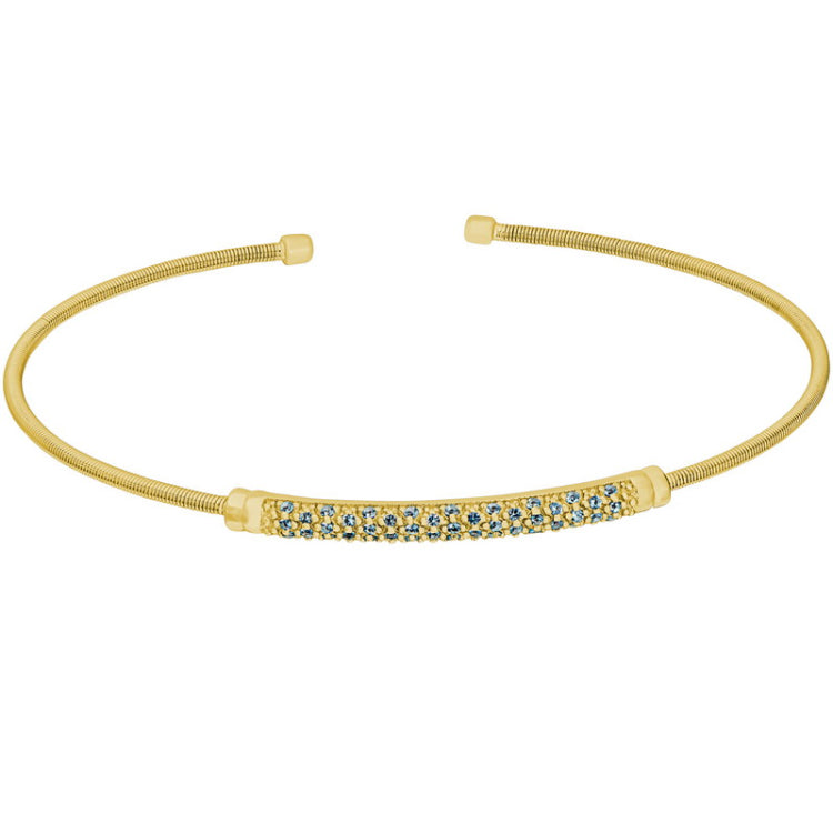 Gold Finish Sterling Silver Cable Cuff Bracelet  Three Rows of Simulated Aquamarine Birth Gems - Ma