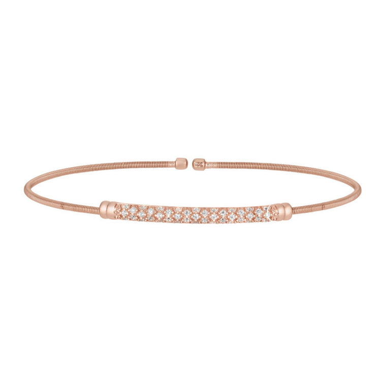Rose Gold Finish Sterling Silver Cable Cuff Bracelet  Three Rows of Simulated Diamond Birth Gems - 