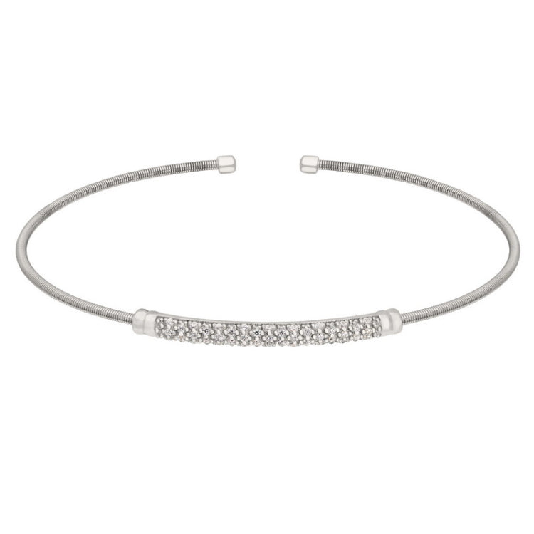 Rhodium Finish Sterling Silver Cable Cuff Bracelet  Three Rows of Simulated Diamond Birth Gems - Ap