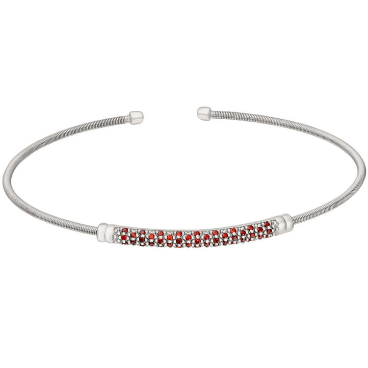 Rhodium Finish Sterling Silver Cable Cuff Bracelet  Three Rows of Simulated Ruby Birth Gems - July