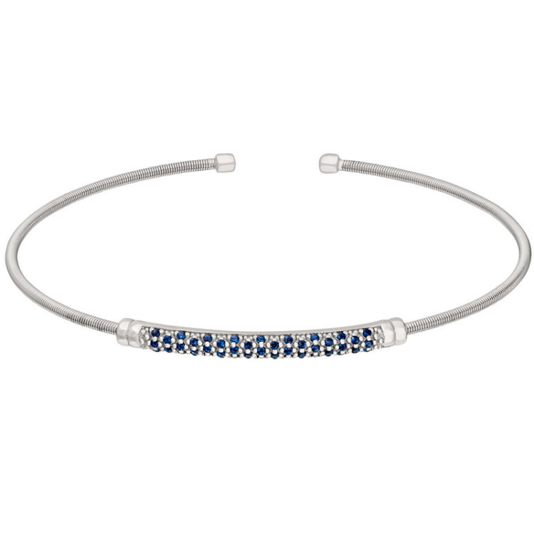 Rhodium Finish Sterling Silver Cable Cuff Bracelet  Three Rows of Simulated Blue Sapphire Birth Gem