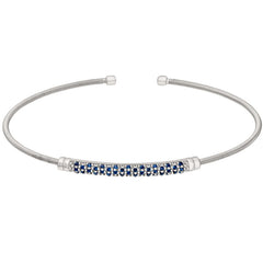 Rhodium Finish Sterling Silver Cable Cuff Bracelet  Three Rows of Simulated Blue Sapphire Birth Gem