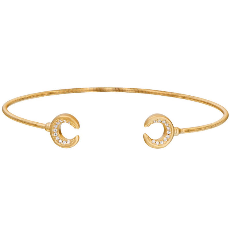 Gold Finish Sterling Silver Cable Cuff Bracelet with Simulated Diamond Upside Down Crescent Moons