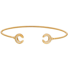 Gold Finish Sterling Silver Cable Cuff Bracelet with Simulated Diamond Upside Down Crescent Moons