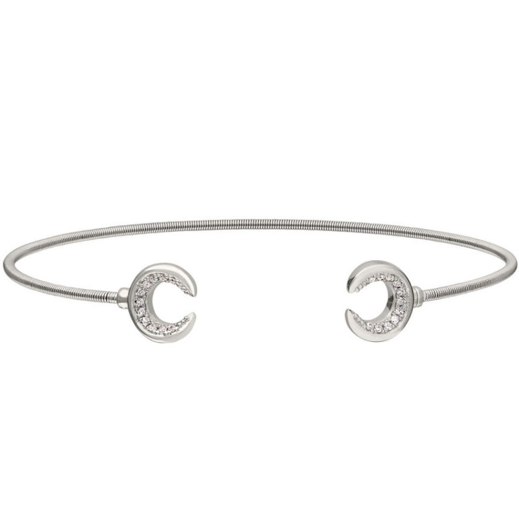 Rhodium Finish Sterling Silver Cable Cuff Bracelet  Simulated Diamond Upside Down Crescent Moons