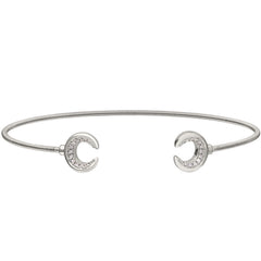 Rhodium Finish Sterling Silver Cable Cuff Bracelet  Simulated Diamond Upside Down Crescent Moons