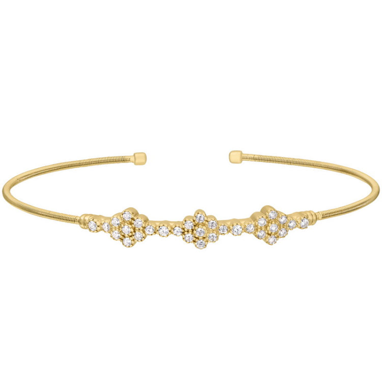 Gold finish sterling silver cable cuff bracelet with three clusters of simulated diamonds