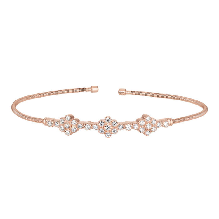 Rose gold finish sterling silver cable cuff bracelet with three clusters of simulated diamonds