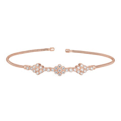 Rose gold finish sterling silver cable cuff bracelet with three clusters of simulated diamonds