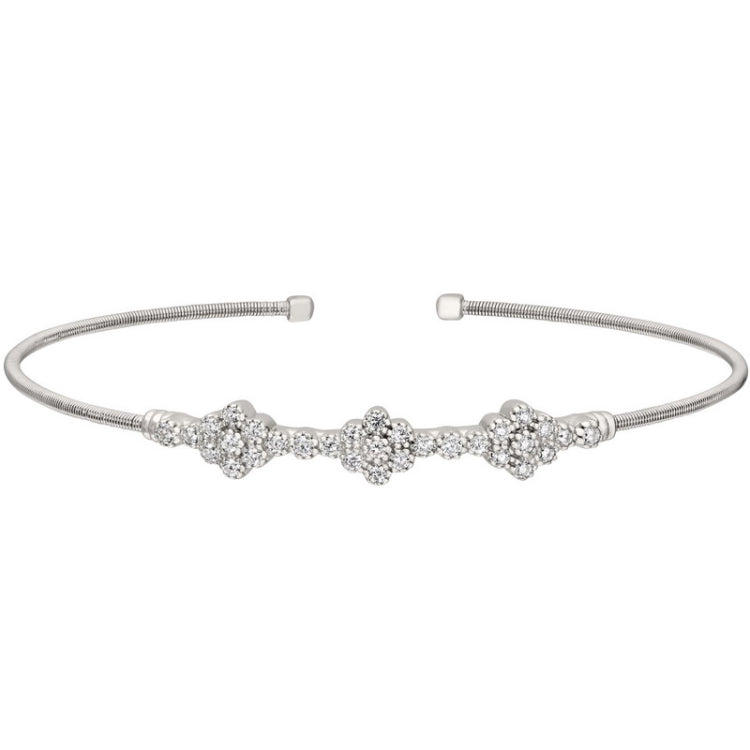 Rhodium finish sterling silver cable cuff bracelet with three clusters of simulated diamonds