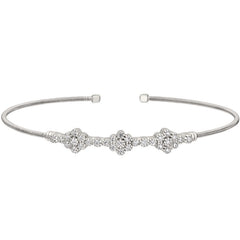 Rhodium finish sterling silver cable cuff bracelet with three clusters of simulated diamonds