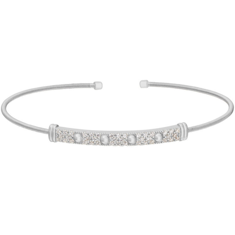 Rhodium finish sterling silver cable cuff bracelet with four beads & simulated diamonds