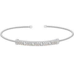 Rhodium finish sterling silver cable cuff bracelet with four beads & simulated diamonds