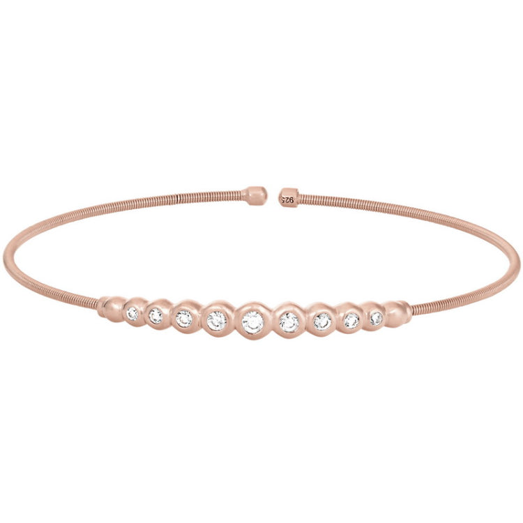 Rose gold finish sterling silver cable cuff bracelet with graduated simulated diamonds