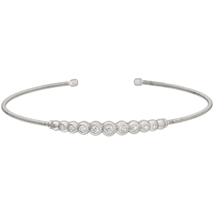 Rhodium finish sterling silver cable cuff bracelet with graduated simulated diamonds