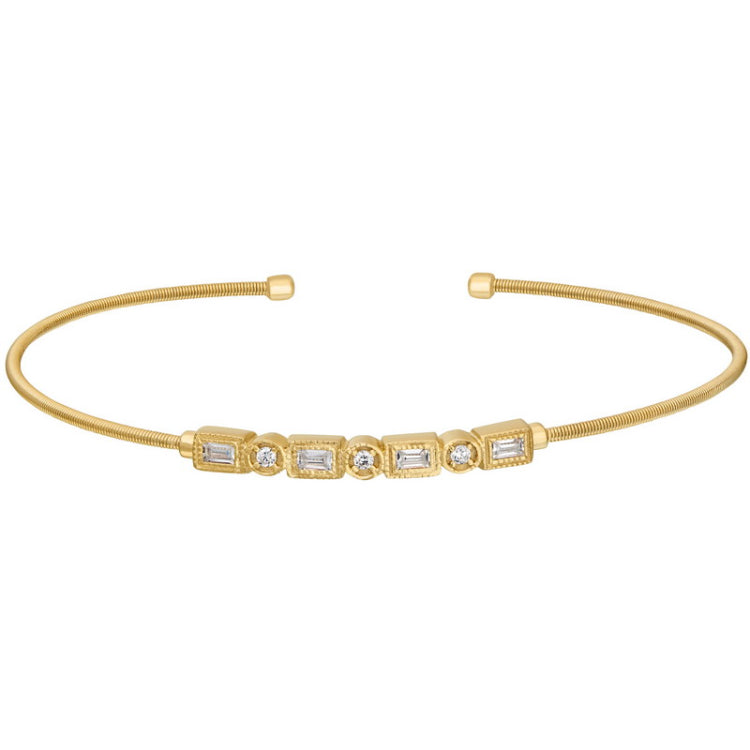 Gold finish sterling silver cable cuff bracelet with simulated diamond emerald & round design