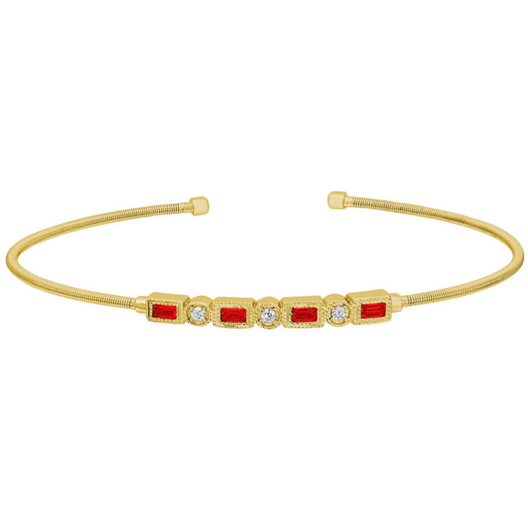 Gold finish sterling silver cable cuff bracelet with simulated ruby and simulated diamonds