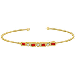 Gold finish sterling silver cable cuff bracelet with simulated ruby and simulated diamonds