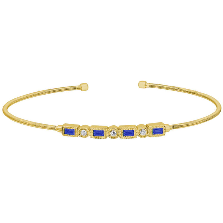 Gold finish sterling silver cable cuff bracelet with simulated sapphires and simulated diamonds