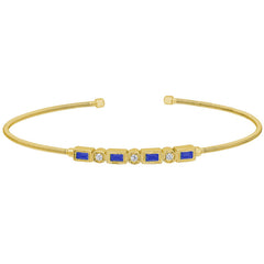 Gold finish sterling silver cable cuff bracelet with simulated sapphires and simulated diamonds