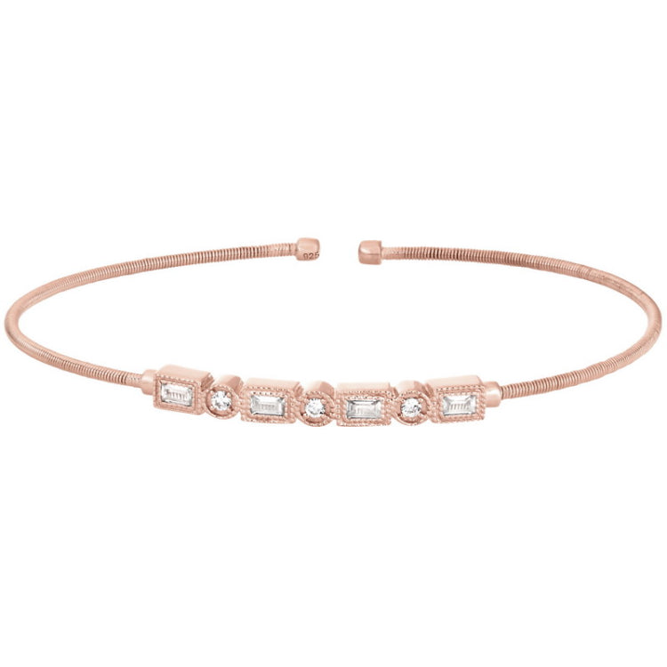Rose gold finish sterling silver cable cuff bracelet with simulated diamond emerald & round design