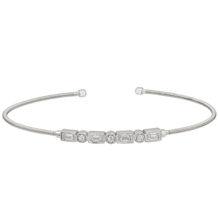 Rhodium finish sterling silver cable cuff bracelet with simulated diamond emerald & round design