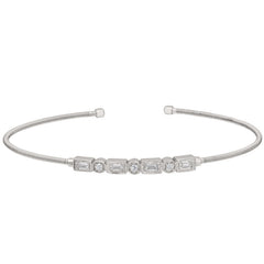 Rhodium finish sterling silver cable cuff bracelet with simulated diamond emerald & round design
