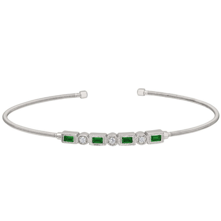 Rhodium finish sterling silver cable cuff bracelet with simulated emeralds and simulated diamonds
