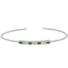 Rhodium finish sterling silver cable cuff bracelet with simulated emeralds and simulated diamonds