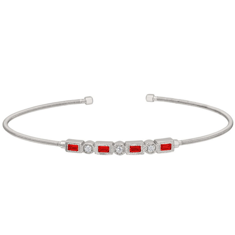Rhodium finish sterling silver cable cuff bracelet with simulated ruby and simulated diamonds