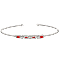 Rhodium finish sterling silver cable cuff bracelet with simulated ruby and simulated diamonds