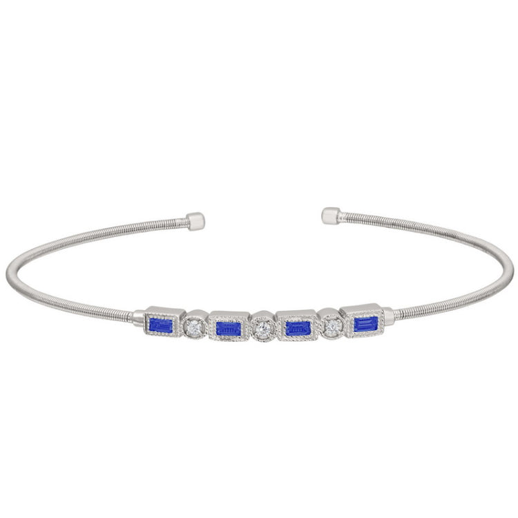 Rhodium finish sterling silver cable cuff bracelet with simulated sapphires and simulated diamonds