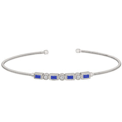Rhodium finish sterling silver cable cuff bracelet with simulated sapphires and simulated diamonds