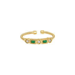 Gold Finish Sterling Silver Cable Cuff Ring with Simulated Emeralds and Simulated Diamonds