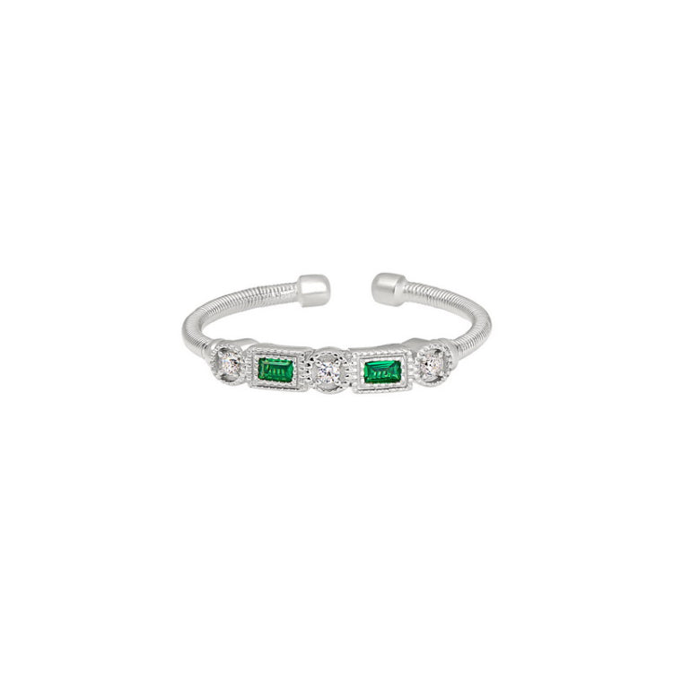 Rhodium Finish Sterling Silver Cable Cuff Ring with Simulated Emeralds and Simulated Diamonds